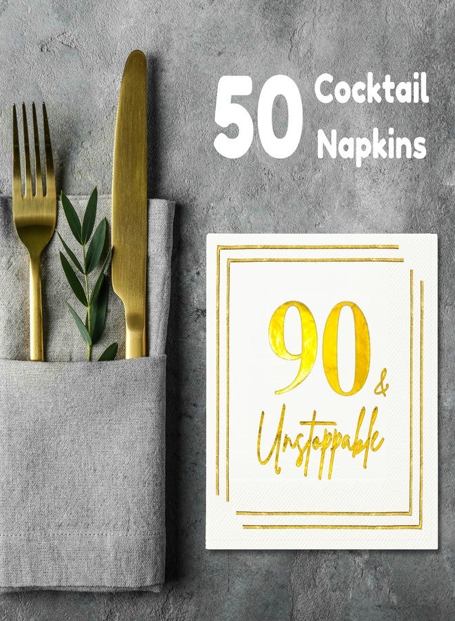 Cloverjoyed 90th Birthday Cocktail Napkins, Gold 90 Years Old Bday Party Decorations, "90 & Unstoppable" Disposable Paper Napkin Decor for Men & Women, Milestone Celebration Fabulous Gift Ideas, 50 Pack - Image 4